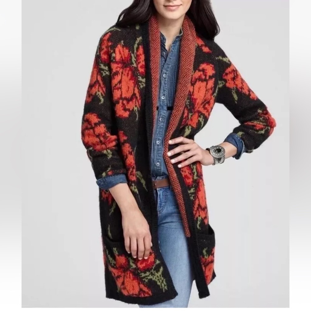 Free People Flower Power Boho Knit Cardigan Sz LARGE Wool Alpaca Blend Red Black - Picture 15 of 15